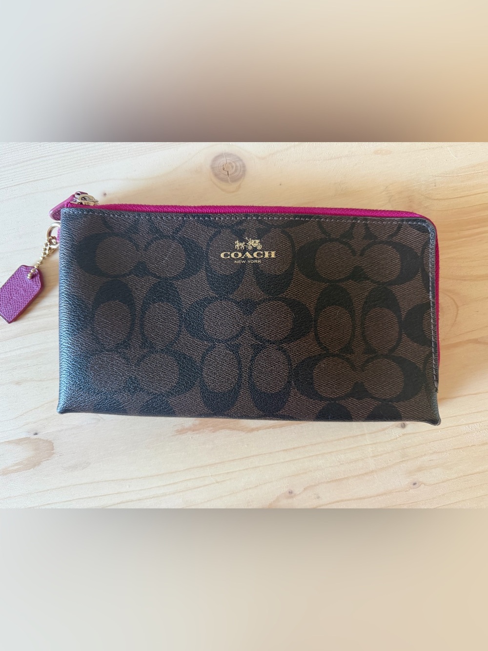 Coach Brown Signature Wristlet with Pink Trim